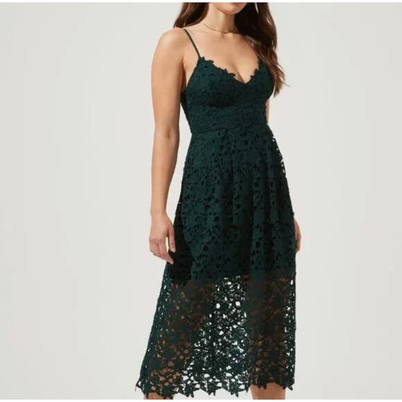 ASTR Green Lace Dress Women's M Hunter Green Adjustable Straps Back Zip V-neck - Picture 1 of 12